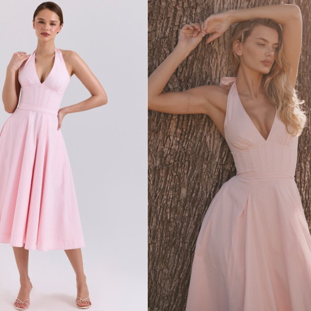 HOUSE OF CB 'Allena'Pink Stretch Cotton Halter Midi Sundress NWOT